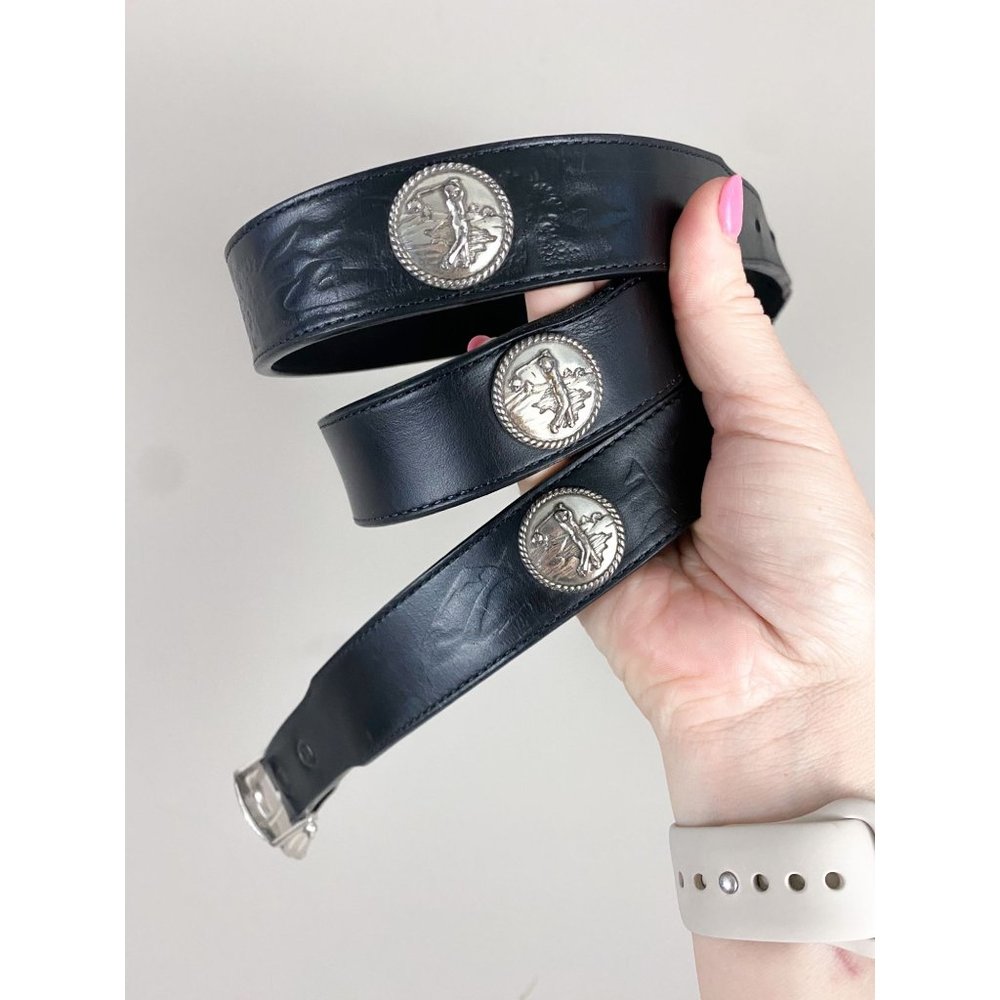Bill Adler Studio Black Leather Golf Belt Golf Course Embossed Scene 40/100